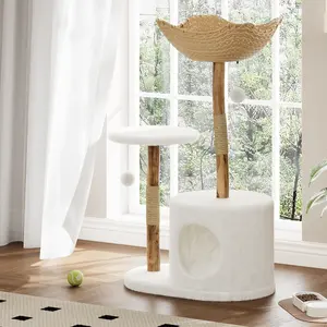 46" Modern Cat Tree Tower for Large Cats - Wooden Cat Condo with Wicker Basket Top, Sisal Scratching Posts, Soft Perches & Hanging Balls - Multi-Level Cat Furniture for Indoor Cats & Kittens