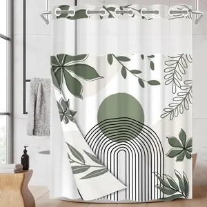 1PC/4PCS 2D Flat Printing Green and White Abstract Plant Geometry Patterned shower curtain, home bathroom decor, shower curtain set with 12 hooks, non-slip bathroom rug, U-shaped toilet seat cover, toilet seat mat.