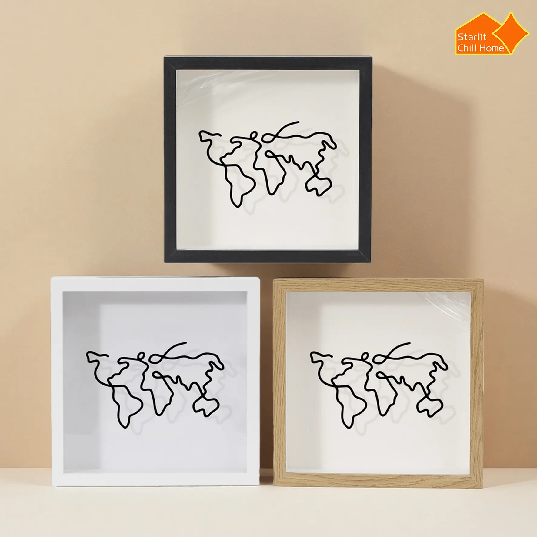 Wooden World Map Shadow Box Frame - Travel Memory Display for Photos, Ticket Stubs & Souvenirs, Wall Mount Home Decoration, Room Decor Gift for Travelers, Built-In Organizer
