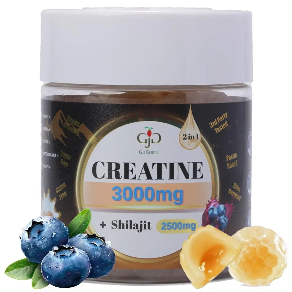 Creatine&Shilajit Gummies - 5d gummies Blueberry Flavor, Vegan, Plant Based, Non-GMO, Gluten-Free& Gelatin Free. Edible Dietary Supplements Energy Supplements