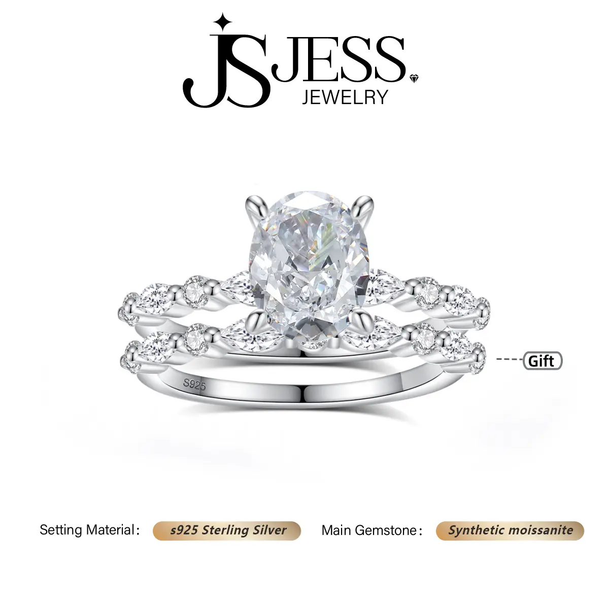 [#1124] 2ct Stackable Wedding Ring Set, Oval Cut Synthetic Moissanite, 925 Sterling Silver Jewelry D Color VVS1 Clarity, Bridal Jewelry