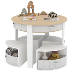 5-Piece Kids Activity Table and Chairs Set – Modern Wooden Round Table with 4 Storage Stools & Fabric Drawers – Toddler Furniture for Art, Reading, Play, Craft, Snack – Ideal for Children's Rooms