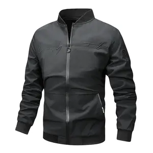 Men's Fitted Long Sleeve Baseball Collar Jacket - Polyester, Embroidered Detailing, Zipper-Closure, Simple Stylish Spring-Autumn Fashion Daywear, Casual Versatile Top