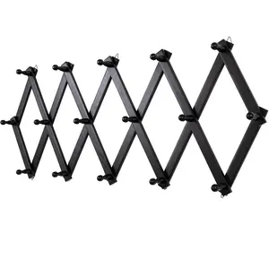 Accordion Wall Hanger with 16 Hooks, Wooden Expandable Wall Coat Rack for Coats, Hats, Baseball Caps, Coffee Mugs, Jewelry(Black)