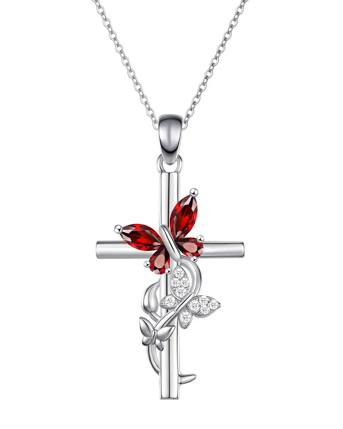 Women's 925 Sterling Silver Birthstone Butterfly Cross Pendant Necklace - June, July, August, September, October Birthstones, Christian Faith Jewelry, Birthday Gift