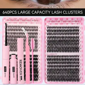 640 Piece Eyelash Extension Kit, DIY Lash Extensions Set, Individual Lash Clusters, D Curl, Mixed Length, Includes Glue, Sealant, Tweezers
