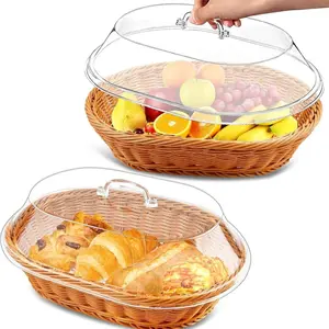 Rattan Bread Basket with Acrylic Dust Cover, Durable Washable Food Tray for Desserts & Fruit, Food Storage Container for Kitchen, Picnic & Home Display, Kitchen Gadget Utensils
