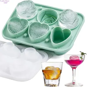 3 Rose & 3 Heart Shaped Silicone Ice Cube Trays with Clear Funnel Lid, Novelty 3D Ice Ball Maker Molds, Flexible Non-Stick Ice Molds for Cocktails, Whiskey & Chilled Drinks, Green Stylish Kitchen Gadget