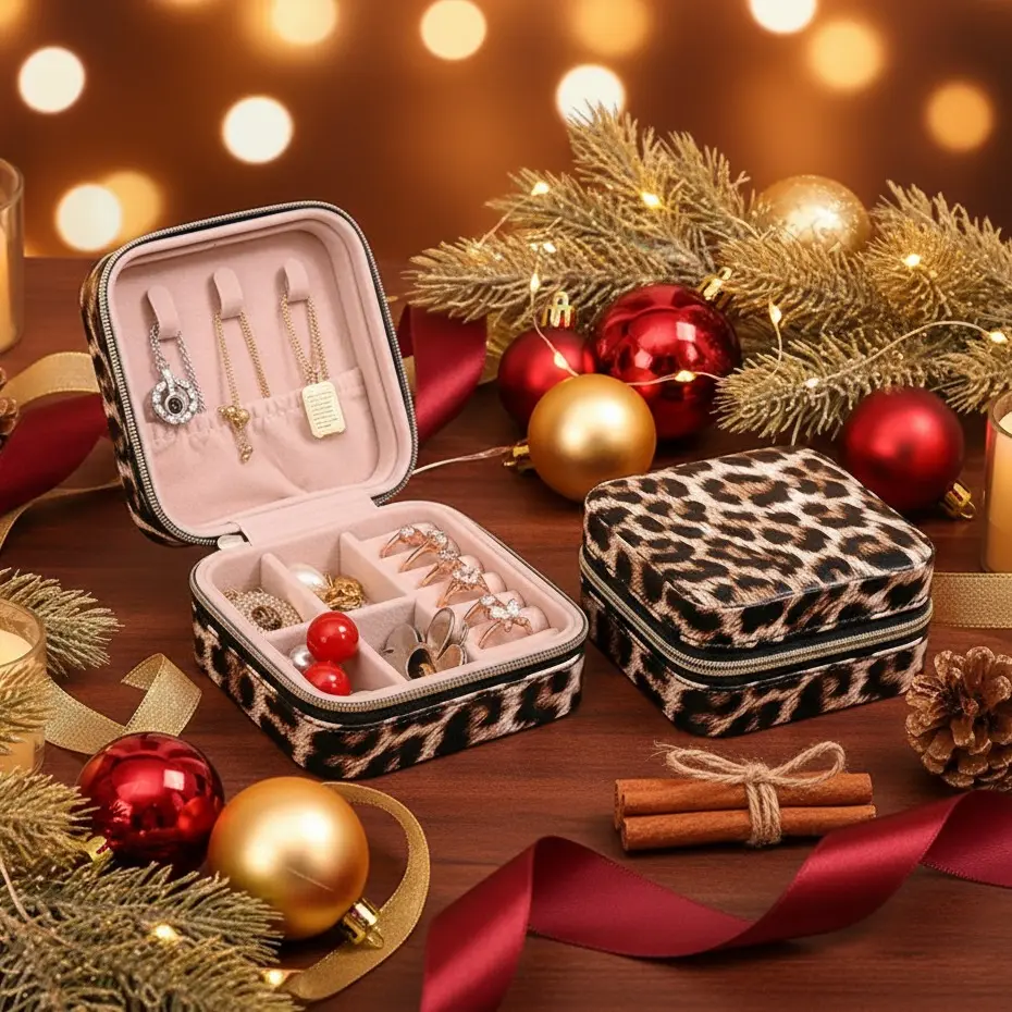 Leopard Print Jewelry Box Travel Makeup  Portable Zipper Mini Case with Compartments for Rings Earrings Necklaces Teen Girl Gifts Bathroom  Room Organization Christmas Gifts New Year Gifts Smooth Adjustable Non-Woven Fabric coffee bar organizer office