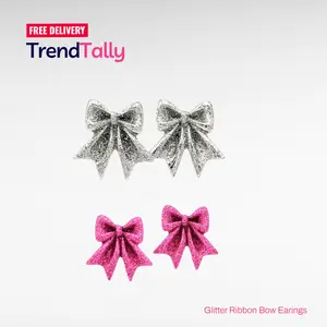 Glitter Ribbon Bow Earrings Silver Pink Sparkle Coquette Aesthetic Sta