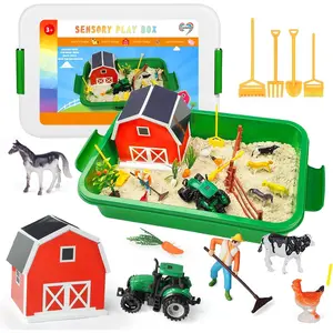 Farm Sensory Bin, Farm Animals Sand Kit with Sensory Sand, Barn Sandbox with Tractor, Sensory Play Sand Set for Kids 3 4 5 6 7