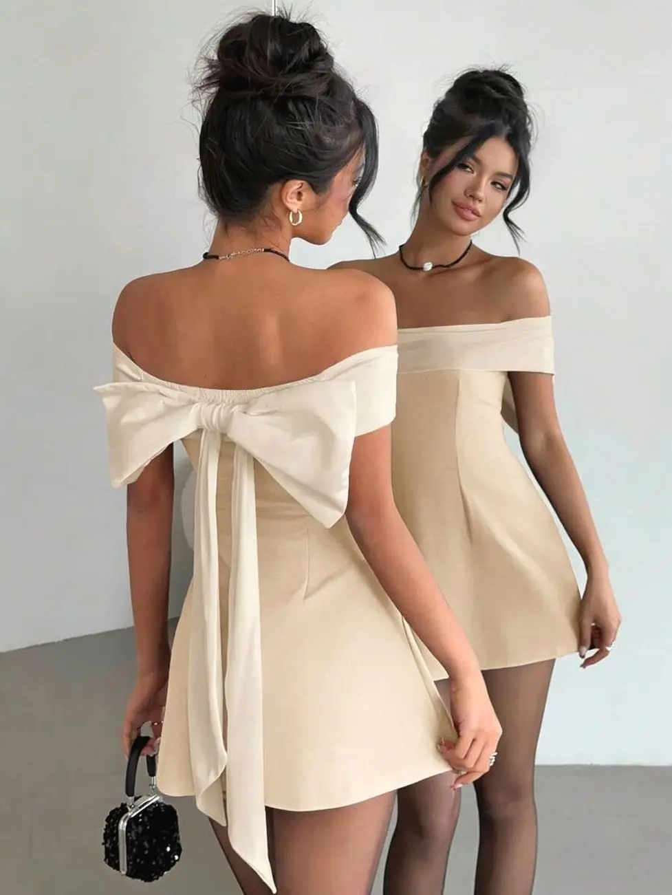 Off Shoulder Black & White Bowknot Dress - Elegant Fairycore Party & Graduation Dress