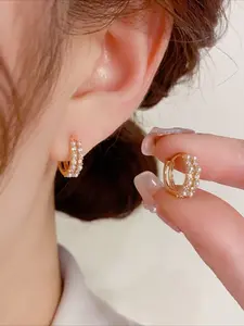 Fashion Faux Pearl Zircon Round Hoop Earrings, Elegant Simple Style for Women, Daily Commute Versatile Delicate Ear Rings, Dainty Fashion Jewelry, Fashionable Earrings