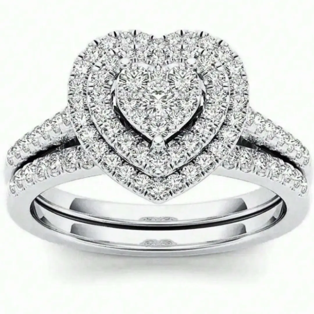 Zinc Alloy Rhinestone Heart Decor Ring for Women - 2pcs Set for Engagement Gift, Fashion Design, Easy to Use