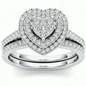 Zinc Alloy Rhinestone Heart Decor Ring for Women - 2pcs Set for Engagement Gift, Fashion Design, Easy to Use