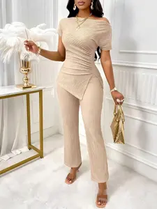 Women's Two-Piece Casual Set Womenswear Outfit, Asymmetric Neckline Hem Slit Top & Bell Pants, Pleated Short Sleeve Regular Fit Apricot Batwing Sleeves