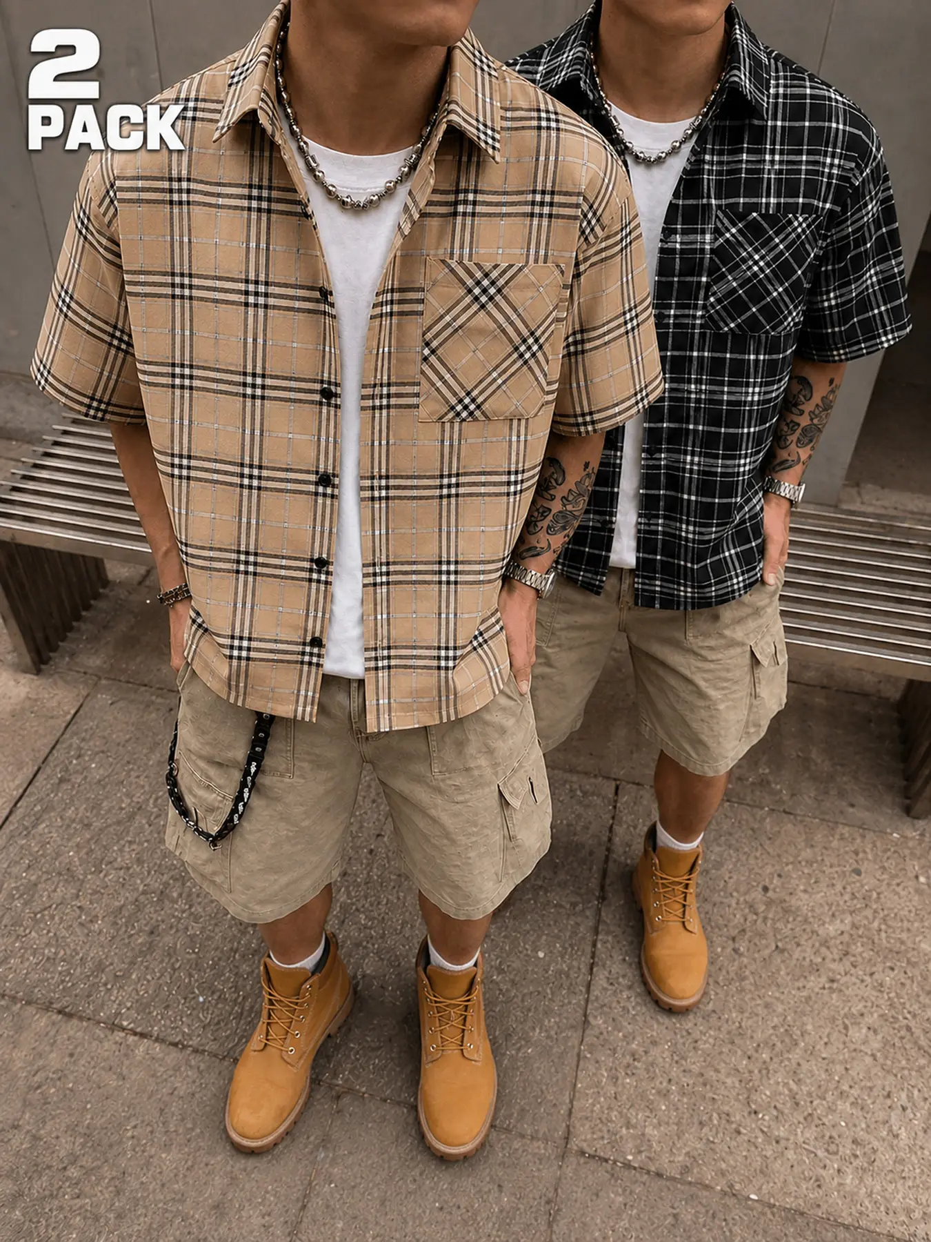 Men’s 2-Pack Plaid Short-Sleeve Shirts for Back-to-College Outfits – Button-Front Overshirts with Diagonal-Check Chest Pockets for Easy Layering