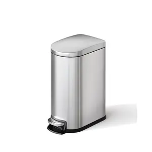 2.6 Gallon/10L Stainless Steel Trash Can, Slim Kitchen Garbage Bin with Step-on Soft Close Lid, Removable Inner Bucket & Rear Handle, Space-Saving Waste Bin for Bathroom or Bedroom