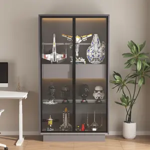 Modern 60.6" Glass Display Cabinet with LED Lights 2 Drawers Adjustable Shelves Freestanding Bookcase for Living Room Office Kitchen Storage Grey Sturdy