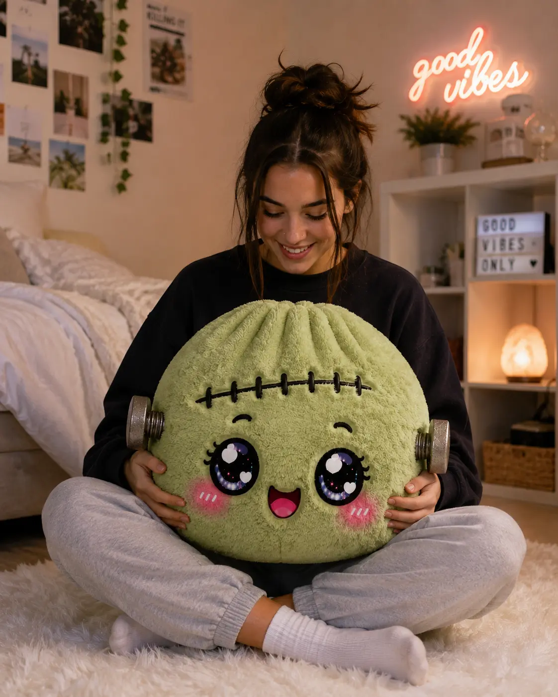 Frankenstein Dumpling Plush Pillow, Home Decor Accessory, Double-Sided Print, Frankenstein Face Design, Multi-Size Option, Playful Look