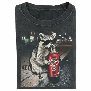 Washed vintage raccoon T-shirt, funny meme Z-generation popular raccoon, fashionable shirt, unisex, men's wear, women's wear. oversized tshirt women