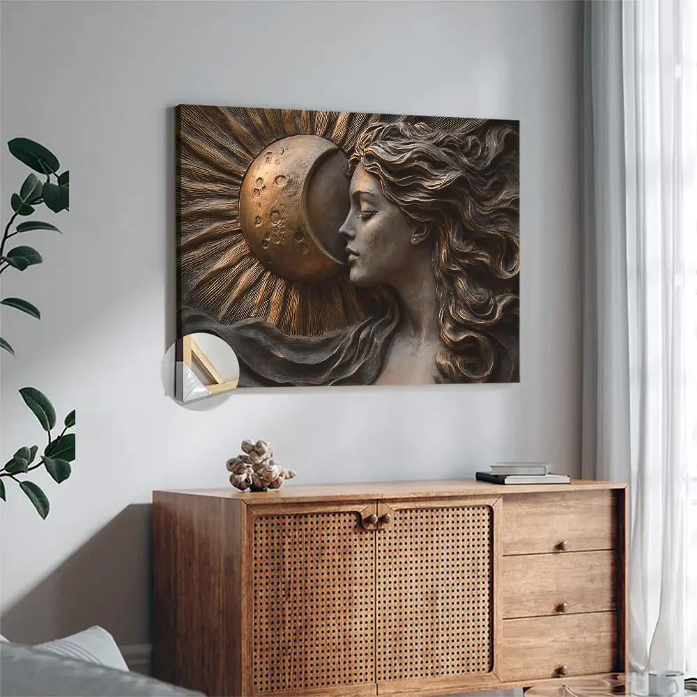 1pc Bronze Goddess Kissing Crescent Moon Sun Wall Art Decor， Perfect for Room Aesthetic  Vintage Poster - Unique Abstract Design in Natural Wooden Frame for Stylish Display