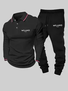 Men's Two-Piece Set Letter Pattern Print Long Sleeve Polo Shirt Casual Top + Drawstring Versatile Sports Pants 2 Piece Set