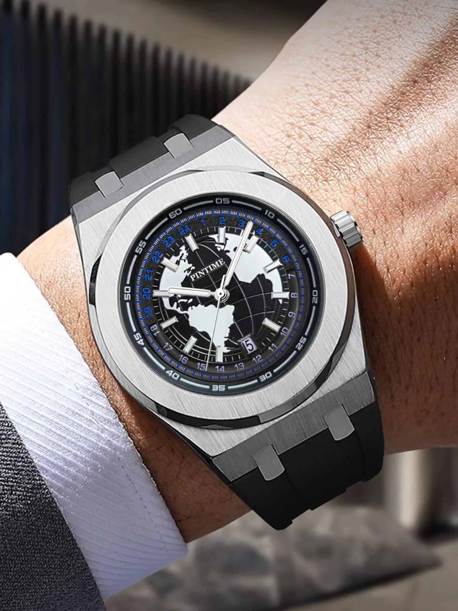 Men's Quartz Watch, Waterproof Silicone Strap, Large Earth Map Dial, Suitable for All Occasions, Stylish Men's Wristwatch