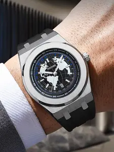 Men's Quartz Watch, Waterproof Silicone Strap, Large Earth Map Dial, Suitable for All Occasions, Stylish Men's Wristwatch