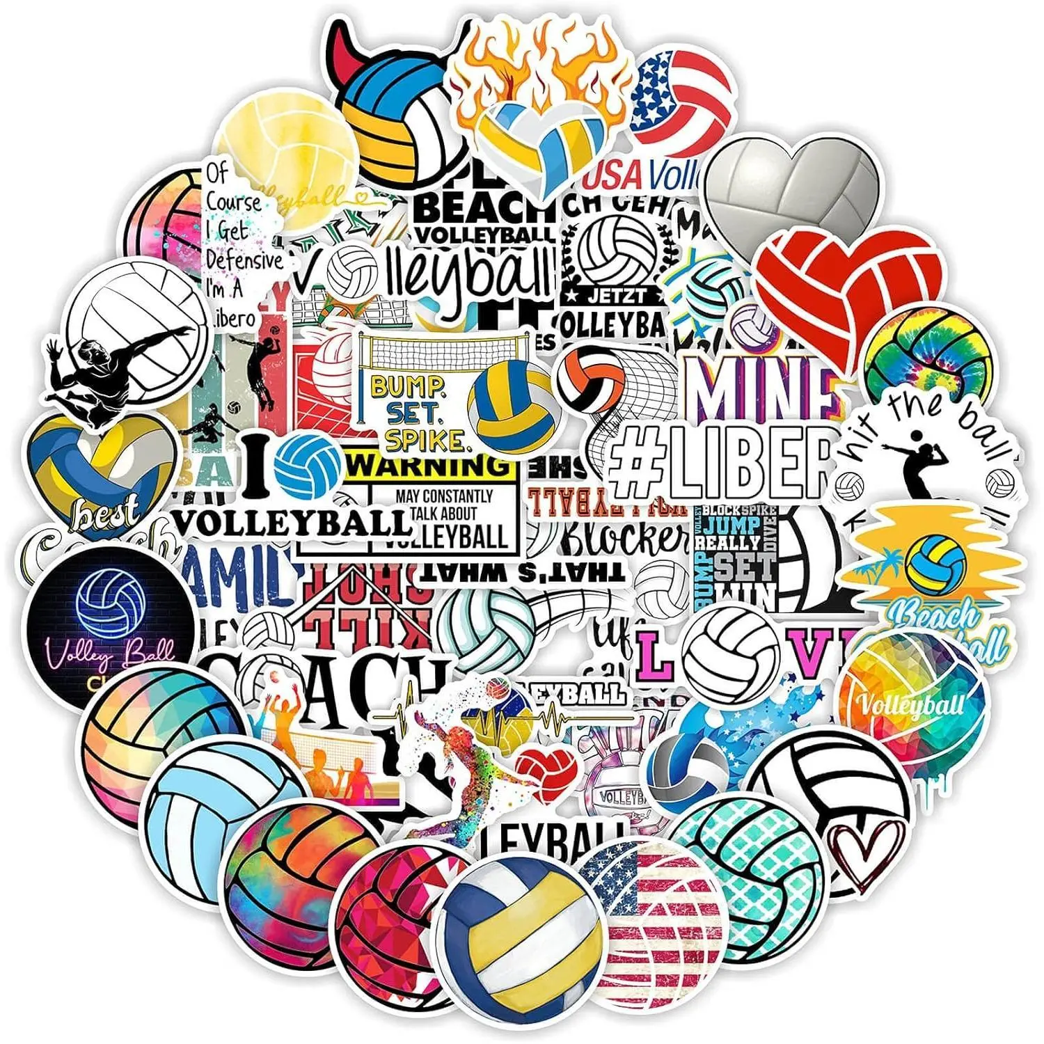 P-HDJ013 Volleyball Stickers - 100 Pcs Different Styles Vinyl Waterproof Stickers for Kids, Suitable for Bodies, Sports Equipment, Doors