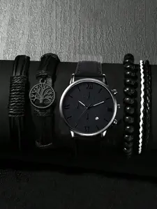 Men's Watch Set 5-Piece, Face Roman Numerals Strap Analog Wristwatch, Daily Wear, Suitable for Work, Zinc Alloy Case, Mineral Glass, Quartz Movement, Elegant Watch Set
