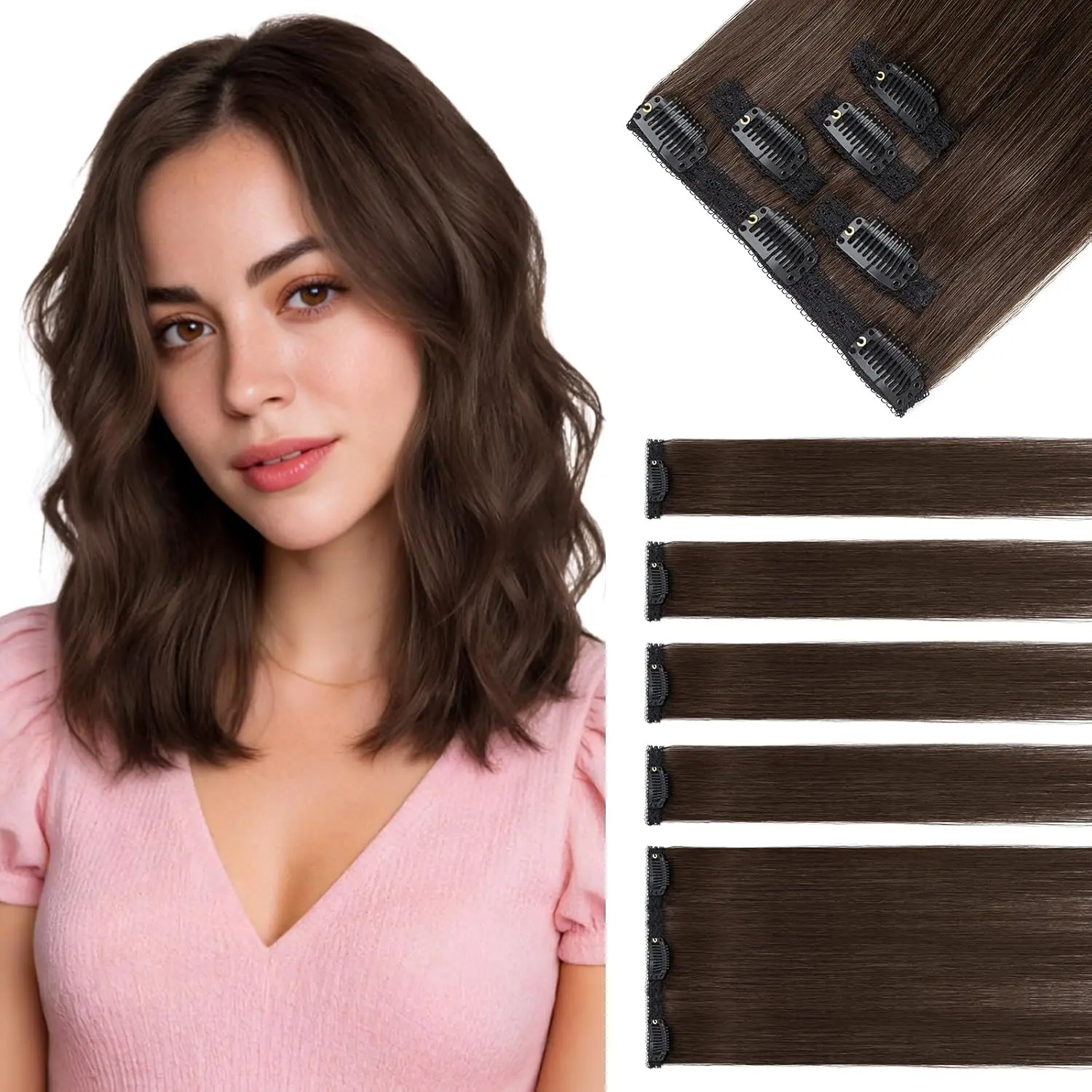 Hairro 5PCS 7 Clips In Hair Extensions Real Human Hair Clip on Hairpieces For Short Thin Hair Straight Invisible Clip Ins 36g 10 Inch#2R Dark Brown