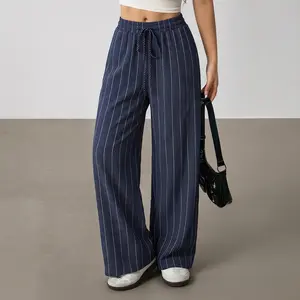 Women’s striped wide-leg pants for couples—versatile long trousers that are loose, comfortable, and drawstring; effortless for everyday wear, featuring a skin-friendly, relaxed fit.