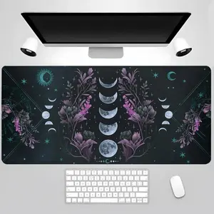 Mystic Moon Phases & Floral Design Mouse Pad, Non-slip Stitched Edge Desk Mat for Gaming and Office Use, Computer Accessories