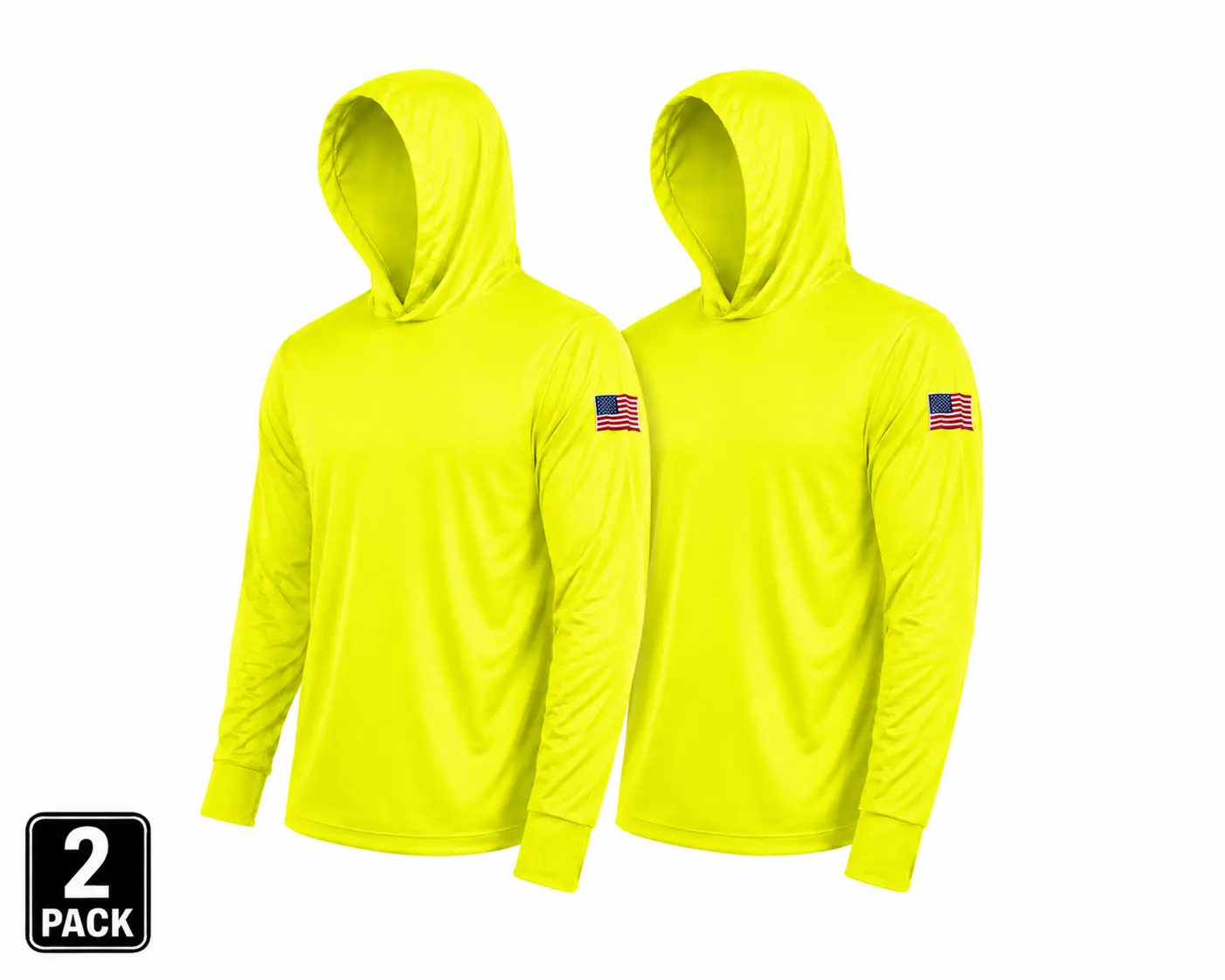2 SHIRT PACK OF Hi Visibility ultra light weigh Long sleeve hoodie shirt with USA FLAG / 100 % polyester birdeye Fabric for quick dry AVAIALBE IN VARIOUS COLORS