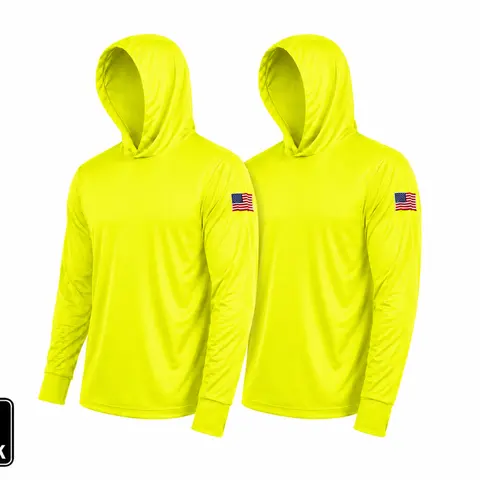 2 SHIRT PACK OF Hi Visibility ultra light weigh Long sleeve hoodie shirt with USA FLAG / 100 % polyester birdeye Fabric for quick dry AVAIALBE IN VARIOUS COLORS