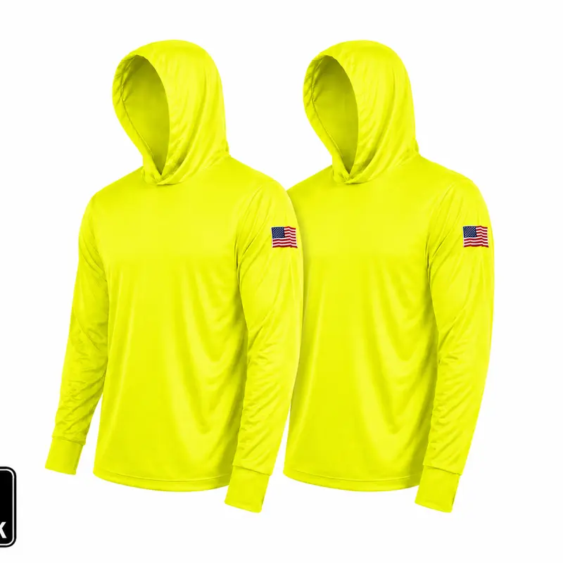 2 SHIRT PACK OF Hi Visibility ultra light weigh Long sleeve hoodie shirt with USA FLAG / 100 % polyester birdeye Fabric for quick dry AVAIALBE IN VARIOUS COLORS