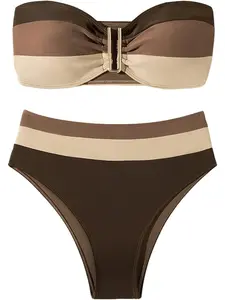 Women's High-Waisted Color Block Strapless Bandeau Bikini Sets, Sports & Outdoor Swimwear Bottoms Included festival vacation travel fashion beachwear beach outfit