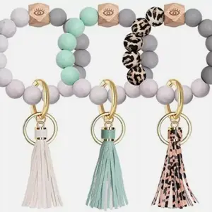 Stretchy Beaded Wristlet Keychain with Tassel