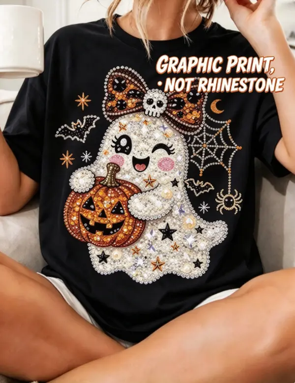Cute Ghost Holding Pumpkin Graphic Tee For Women, Halloween Bow Skull Bat Spider Web Print T-Shirt, Not Rhinestone, Casual Fall Short Sleeve Top
