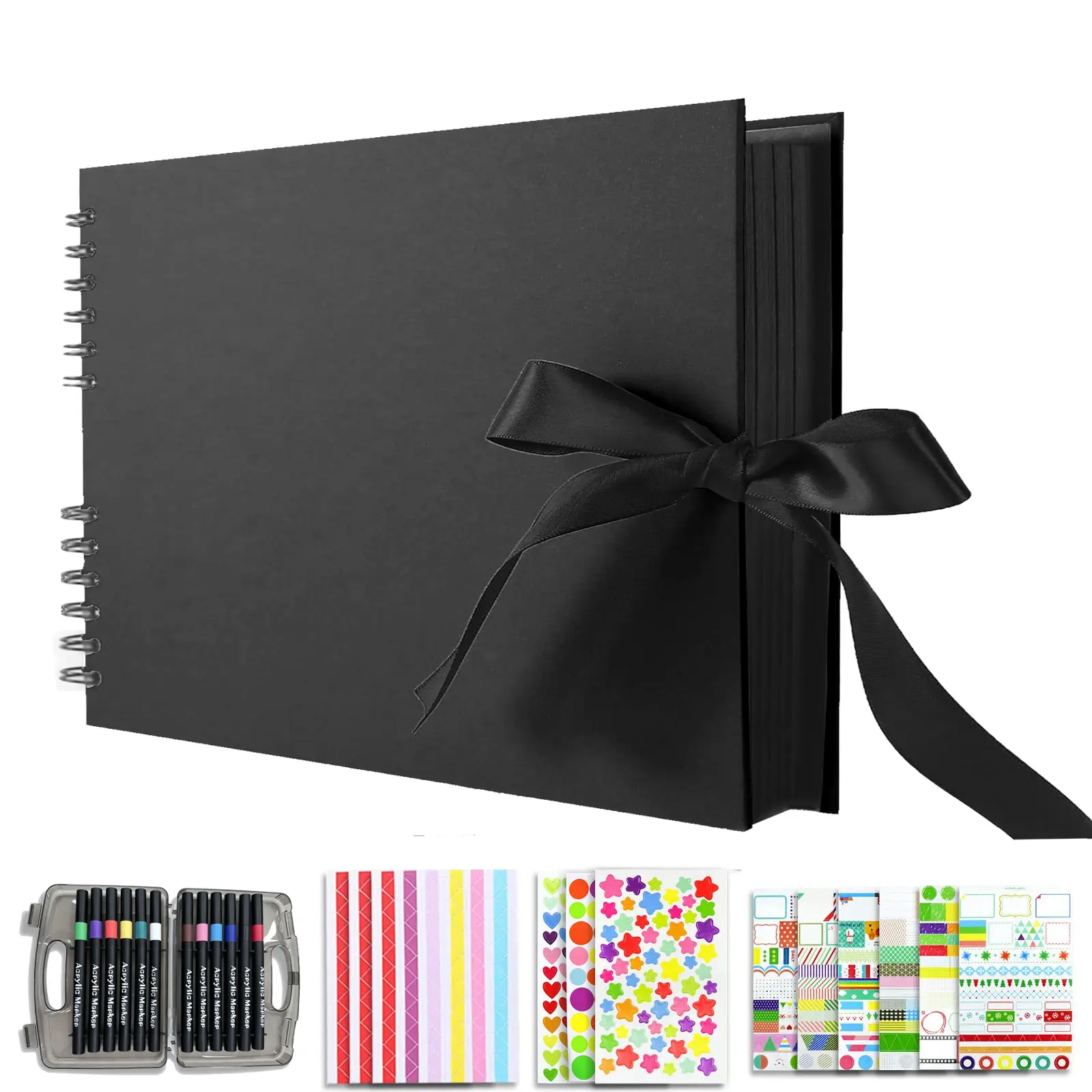 25pcs DIY Scrapbook Kit for Photos, Black Foldable Memory Album for Wedding,Travel and Anniversary Family ,scrapbook album supplies with tape,stickers and 12pcs Markers for gift,birthday,Baby Shower&Christmas, Halloween, Thanksgiving