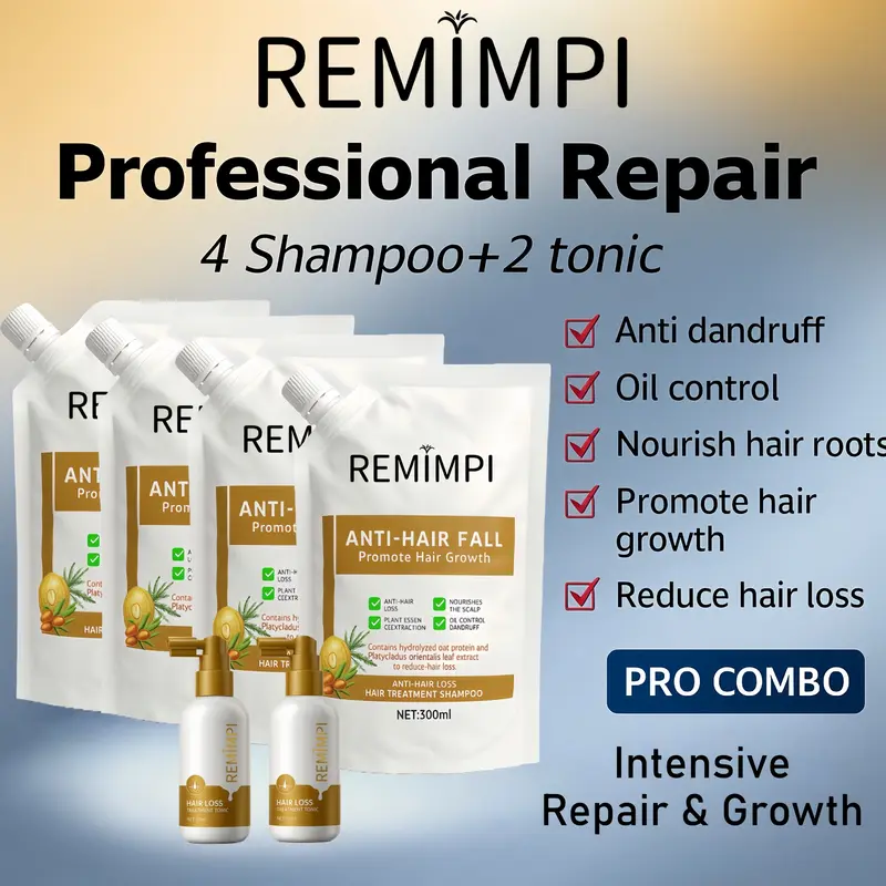 REMIMPI Intensive Hair Repair Set – 4 Anti Hair Loss Shampoos + 2 Growth Tonics | Advanced Herbal Treatment for Thinning, Damaged Hair & Weak Scalp (300ml x 4 + 50ml x 2)