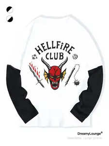 Stranger Things Hellfire Club Graphic Patchwork Long Sleeve Shirt, Casual Fitted Home Wear, Daily Wear for Men & Women