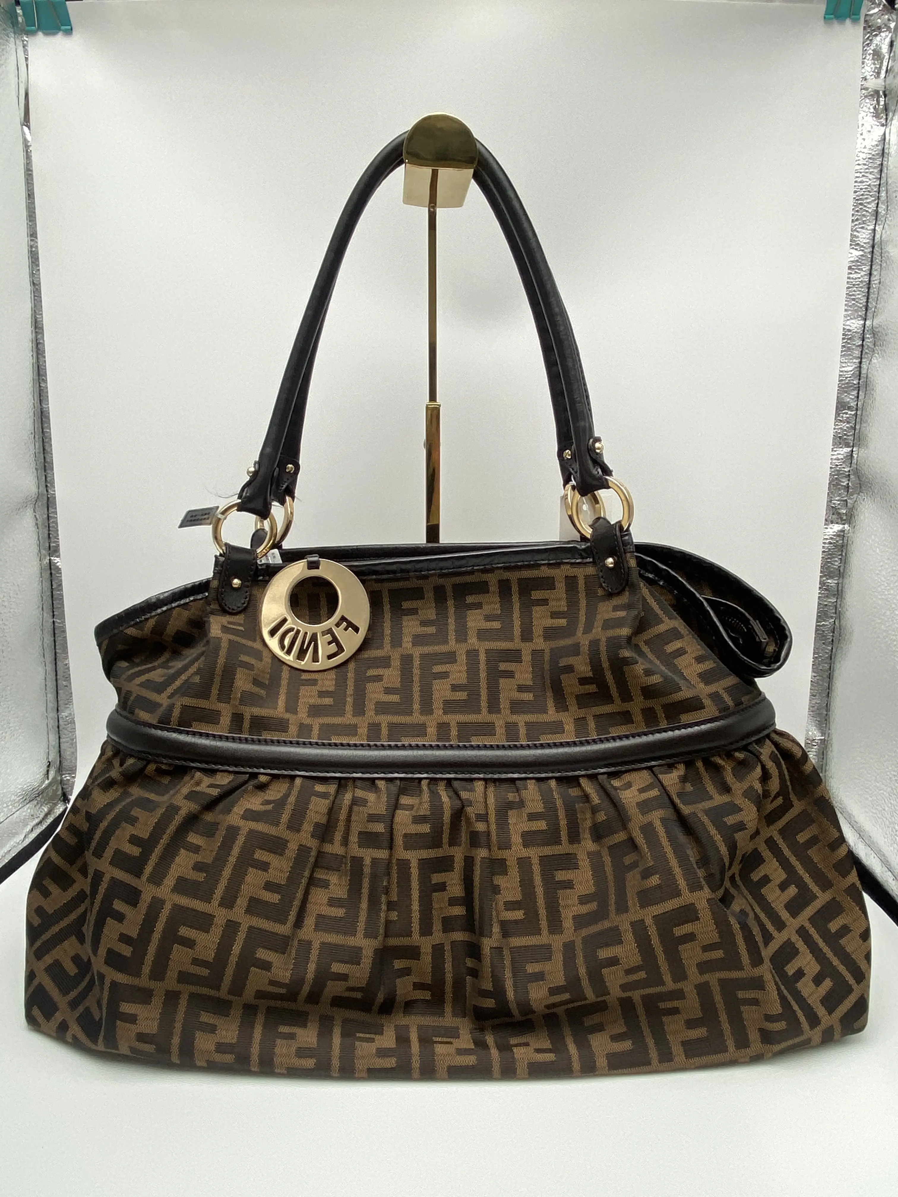 Pre-owned FENDI Zucca Chef Tote Bag FF Canvas Leather Trim Handbag Vintage