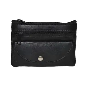 Black Leather Coin Purse Mini Wallet Key Pouch 2 Zippered Sections ID Slot Black