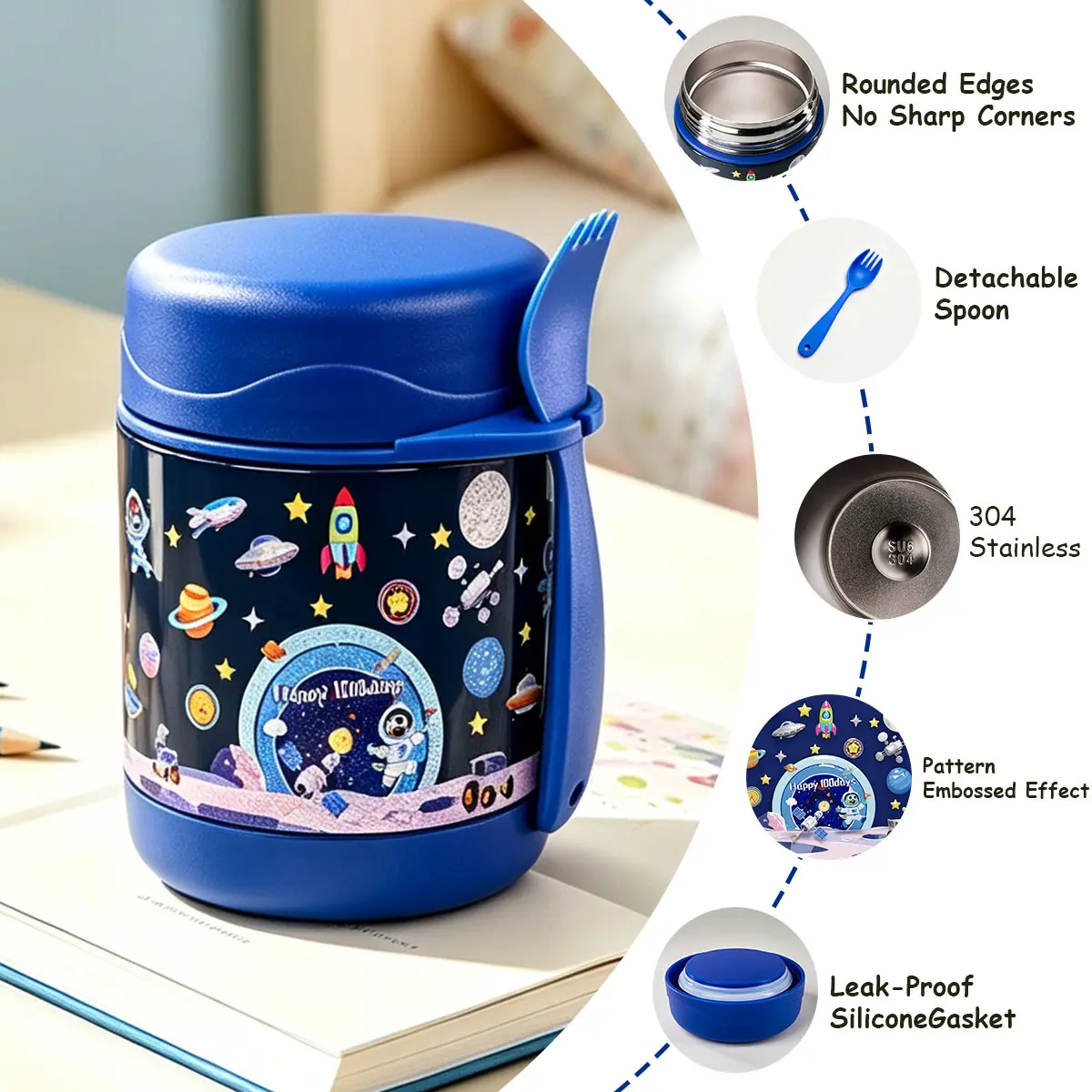 10oz Kids Insulated Food Jar, Stainless Steel Vacuum Lunch Thermos with Spoon, Wide Mouth Leakproof Soup Container for Hot & Cold Food, Back to School, School Lunch, Travel & Picnic