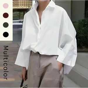 Women's Oversized Collared Button-Down Shirt – Loose Fit Long Sleeve Polyester Blouse, Professional Lady Tops for Office Work & Business Casual, Fall Spring Commute Outfit