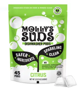 Molly's Suds Dishwasher Pods, Natural Dishwasher Detergent, Cuts Grease & Rinses Clean (Residue-Free) for Sparkling Dishes, 45 Auto-Release Tabs (Citrus)