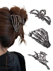 3-Pack Metal Spider Web Hair Clips, Hair Claws Set, Gothic Skeleton Hand Skull Claws for Thick Hair, Halloween & Christmas Gifts for Women and Girls