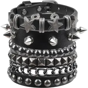 4 Pcs Punk Rock Studded Bracelet Set Leather Cuff Bracelets for Men Women 80s Emo Goth Accessories